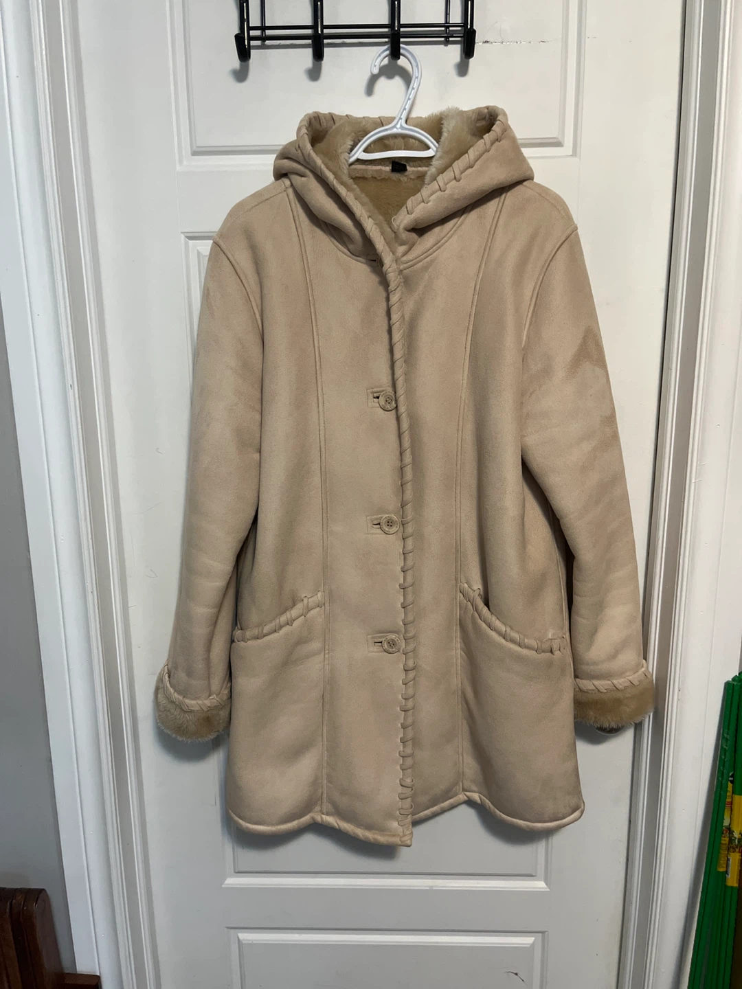 Tan Faux Suede Hooded Coat with Faux Fur Lining
