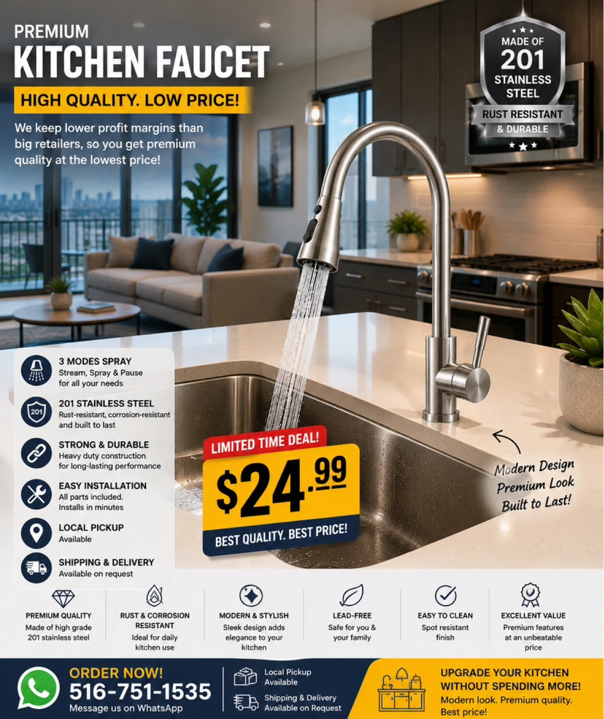 Premium Kitchen Faucet - 201 Stainless Steel