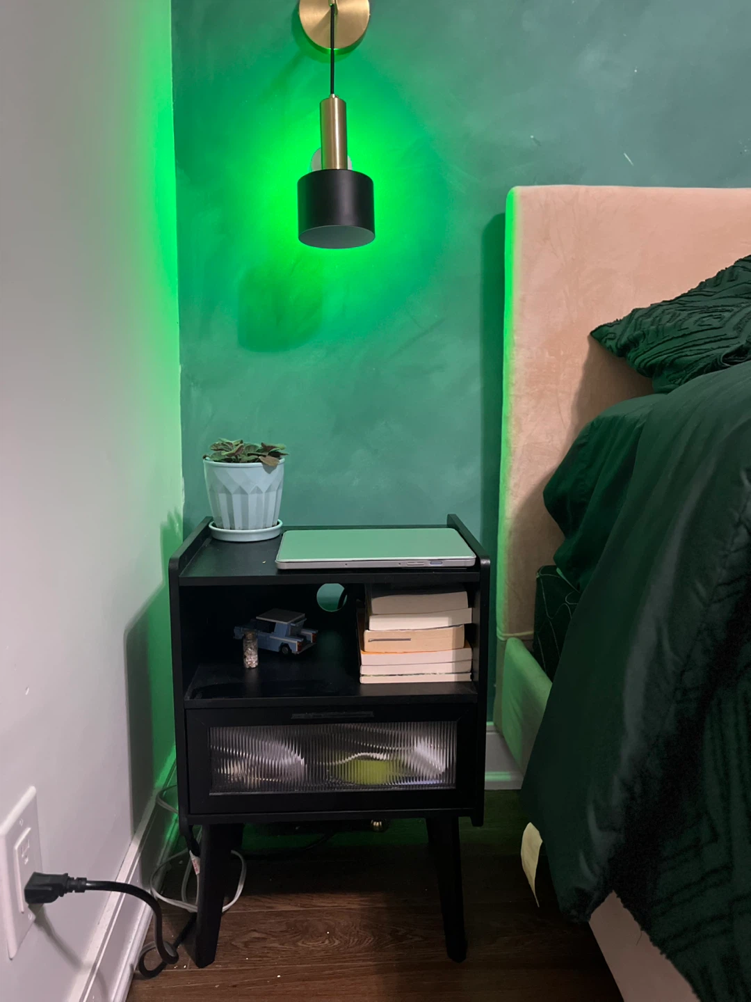 Black Nightstand with Integrated Power Strip