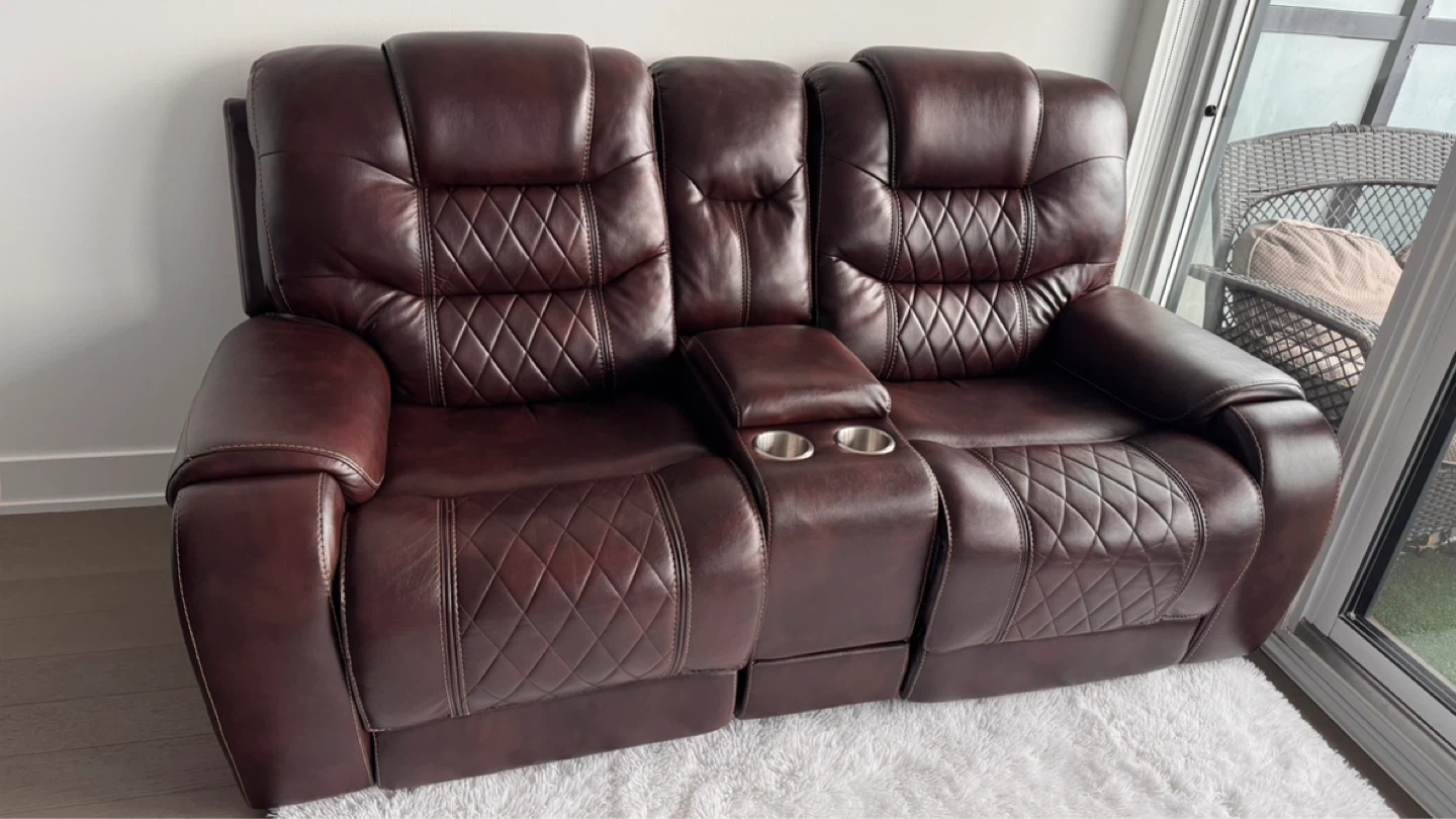 Brown Leather Loveseat Recliner with Cup Holders and LED Lights - photo 3