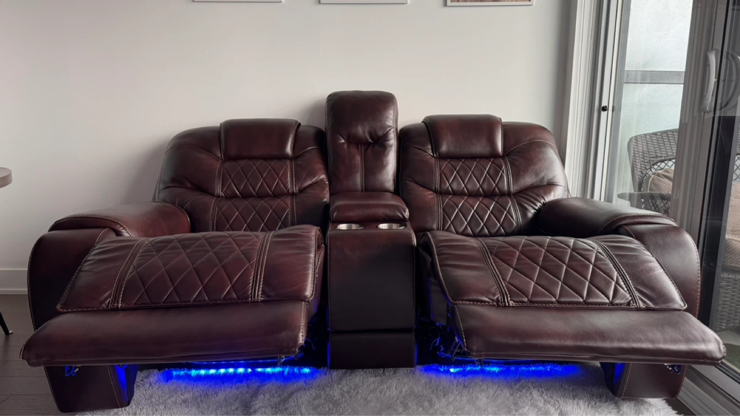 Brown Leather Loveseat Recliner with Cup Holders and LED Lights - photo 4