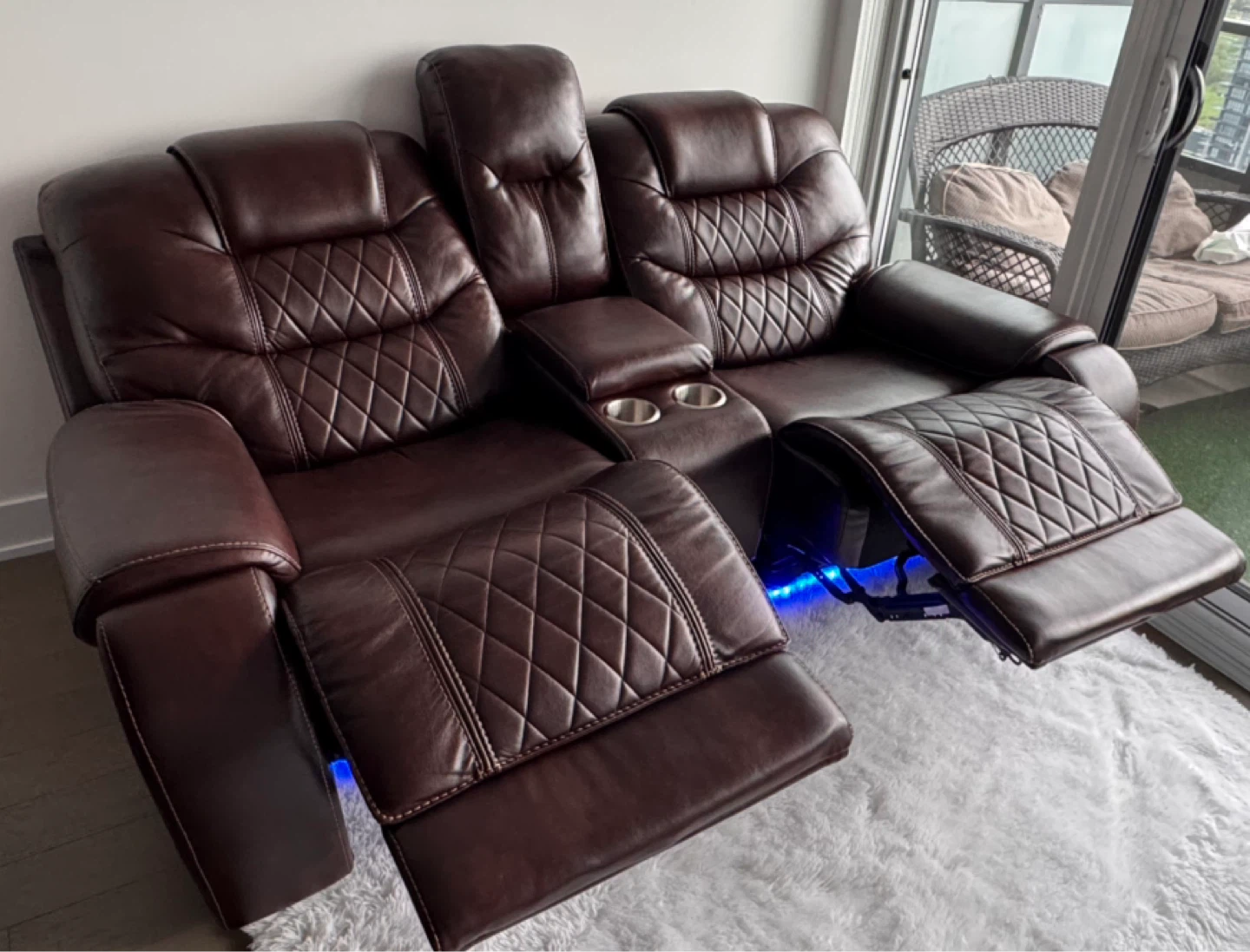 Brown Leather Loveseat Recliner with Cup Holders and LED Lights - photo 5