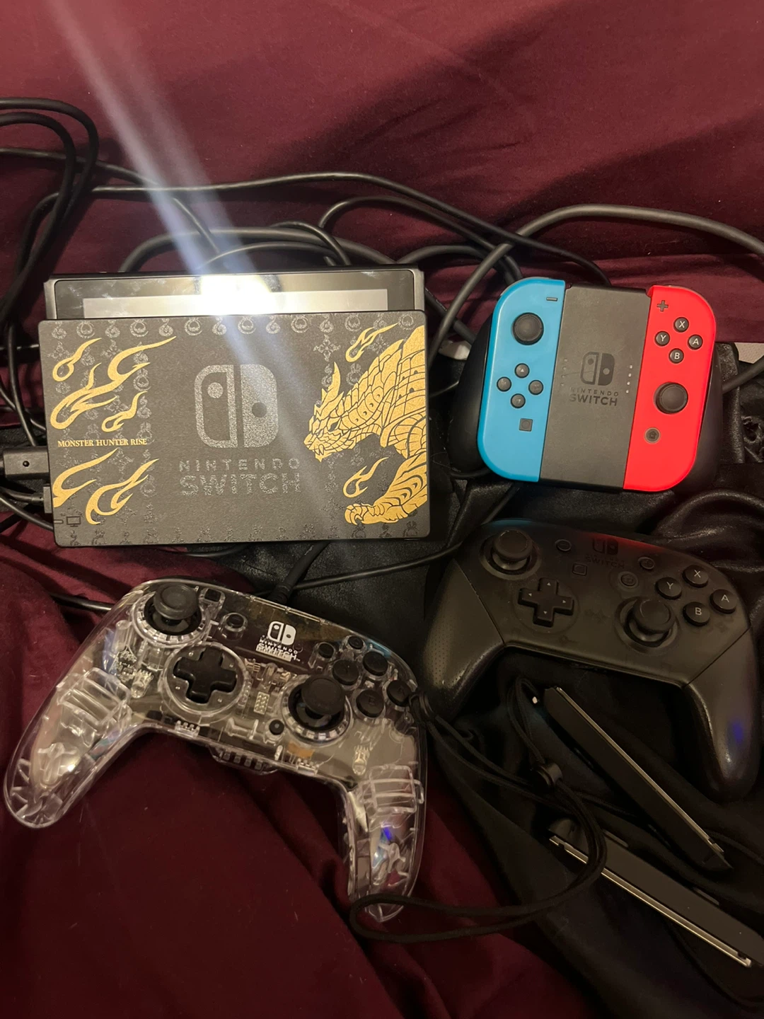 nintendo switch console with two controllers