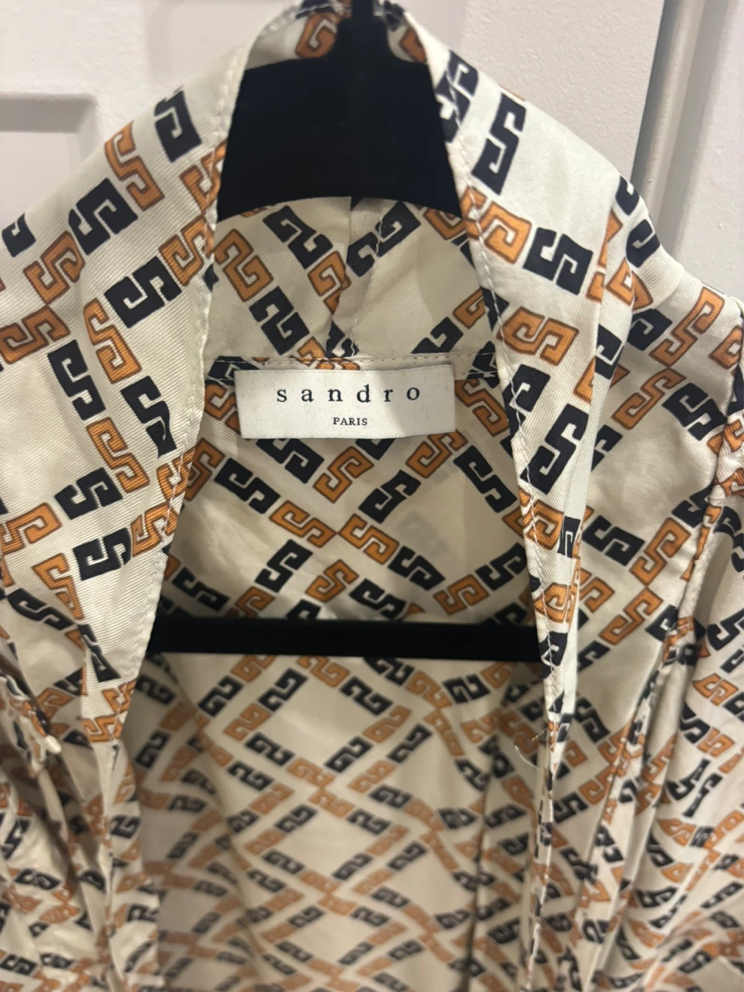 Sandro Paris Geometric Print Button-Up Blouse with Tie Neck