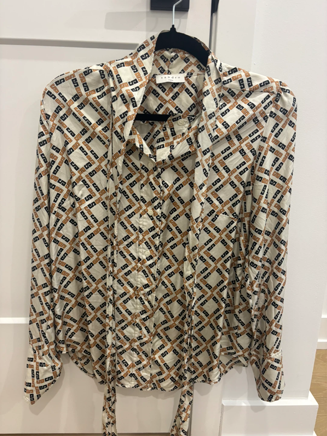 Sandro Paris Geometric Print Button-Up Blouse with Tie Neck - photo 4
