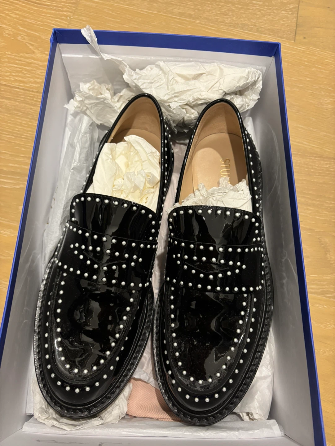 Stuart Weitzman Black Patent Leather Studded Loafers