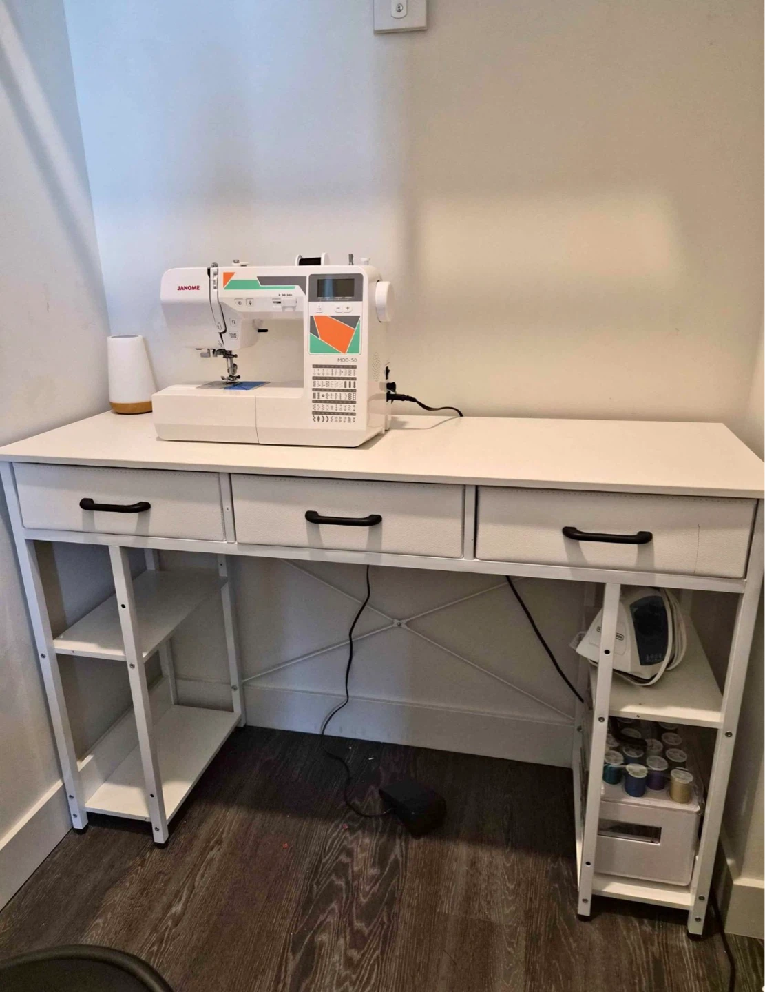 White Desk with 3 Drawers and Shelving