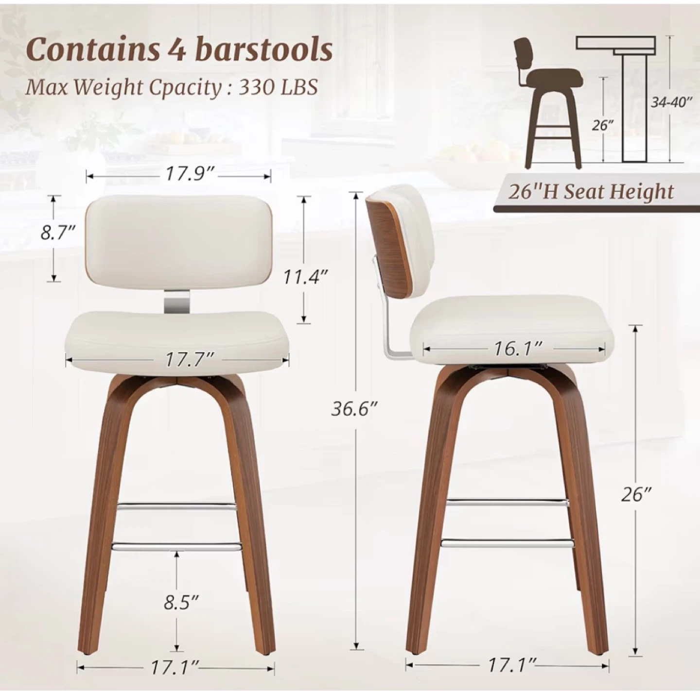 Set of 3 White & Wood Swivel Barstools