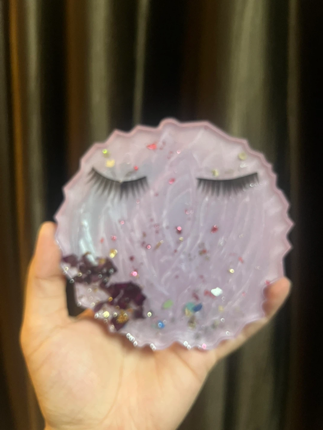 Handmade Lavender Resin Coaster with Lashes and Flowers