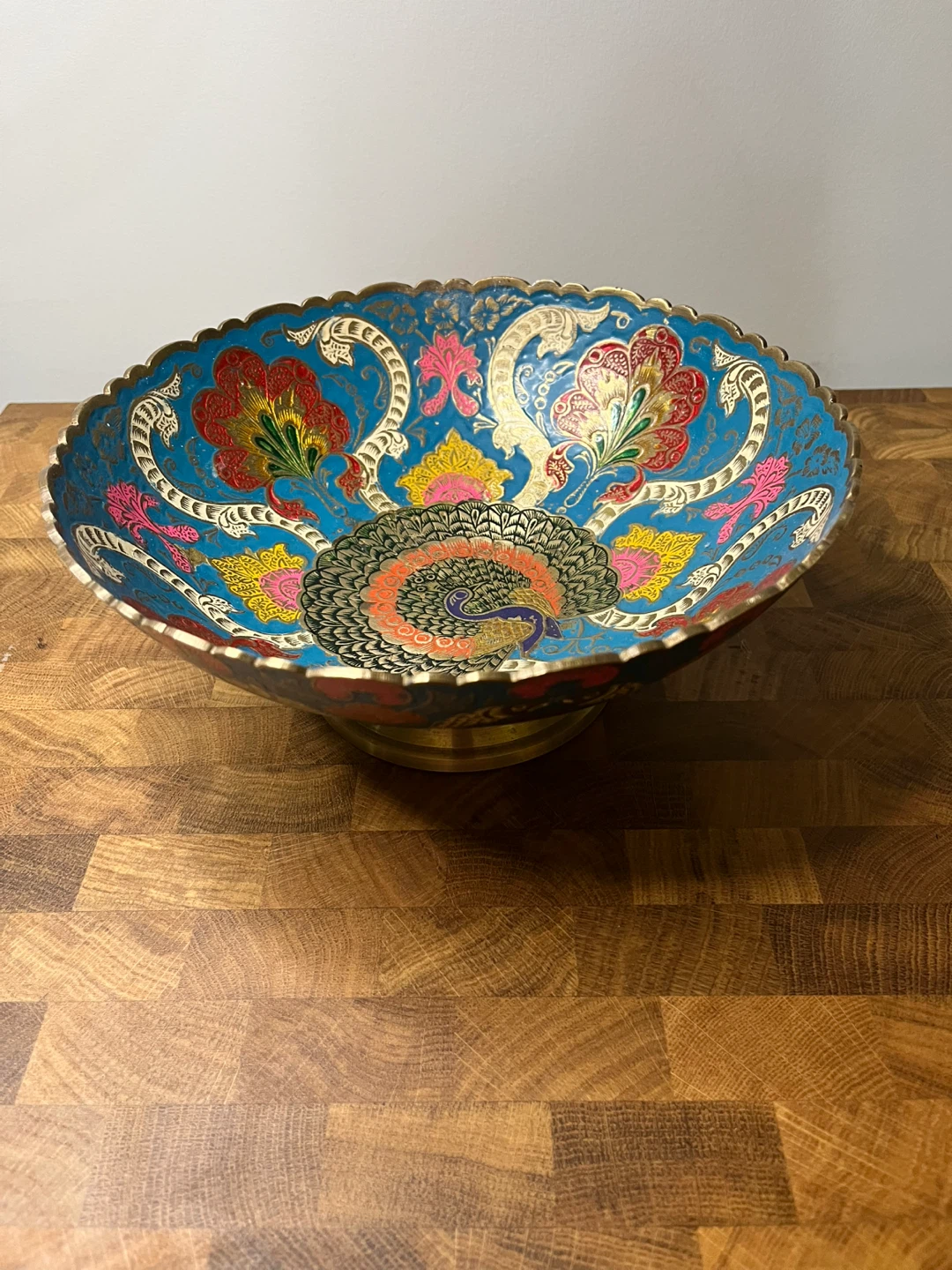 Decorative Brass and Enamel Bowl with Peacock Design