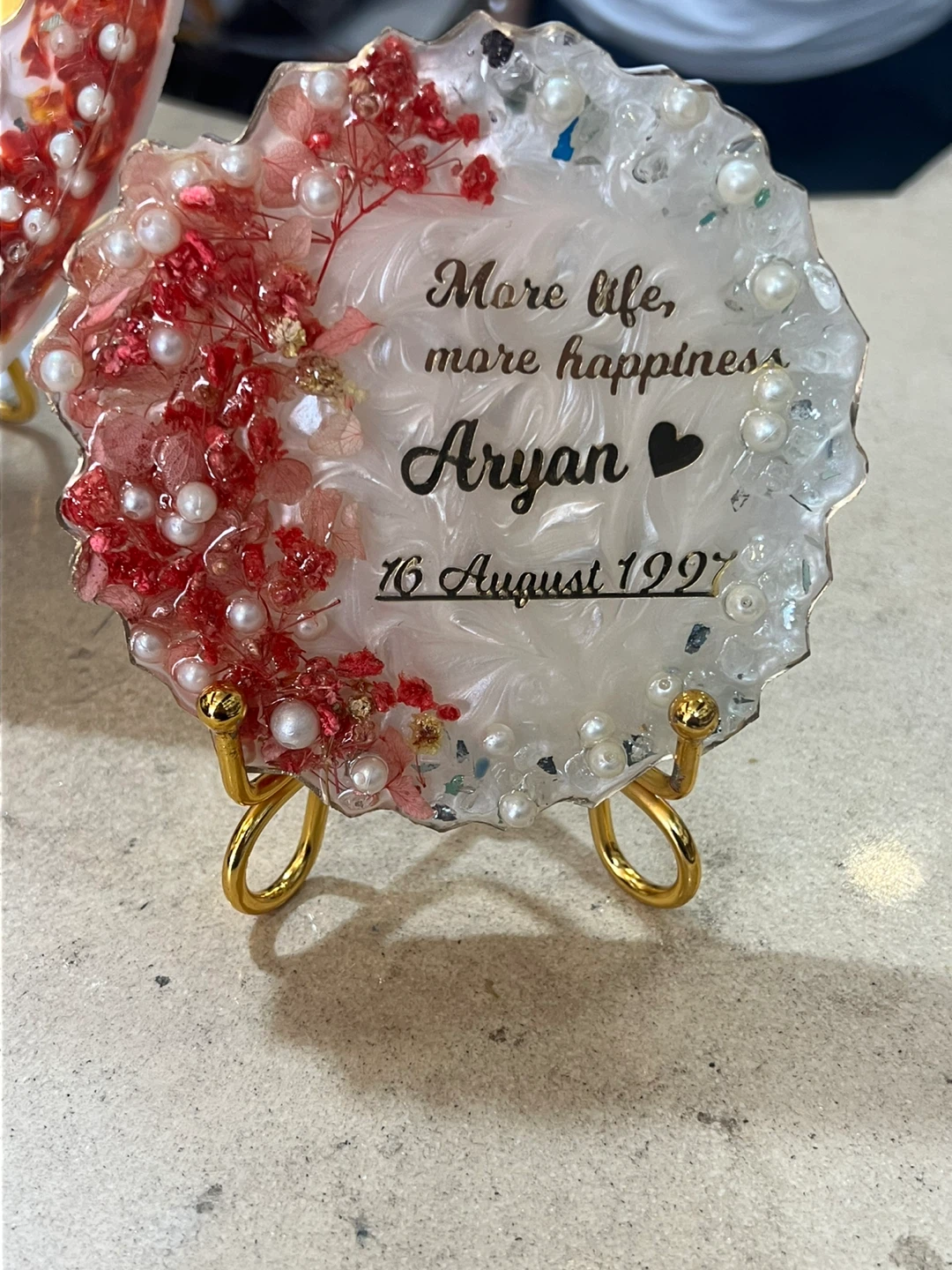 Custom Resin Coaster with Dried Flowers and Pearls