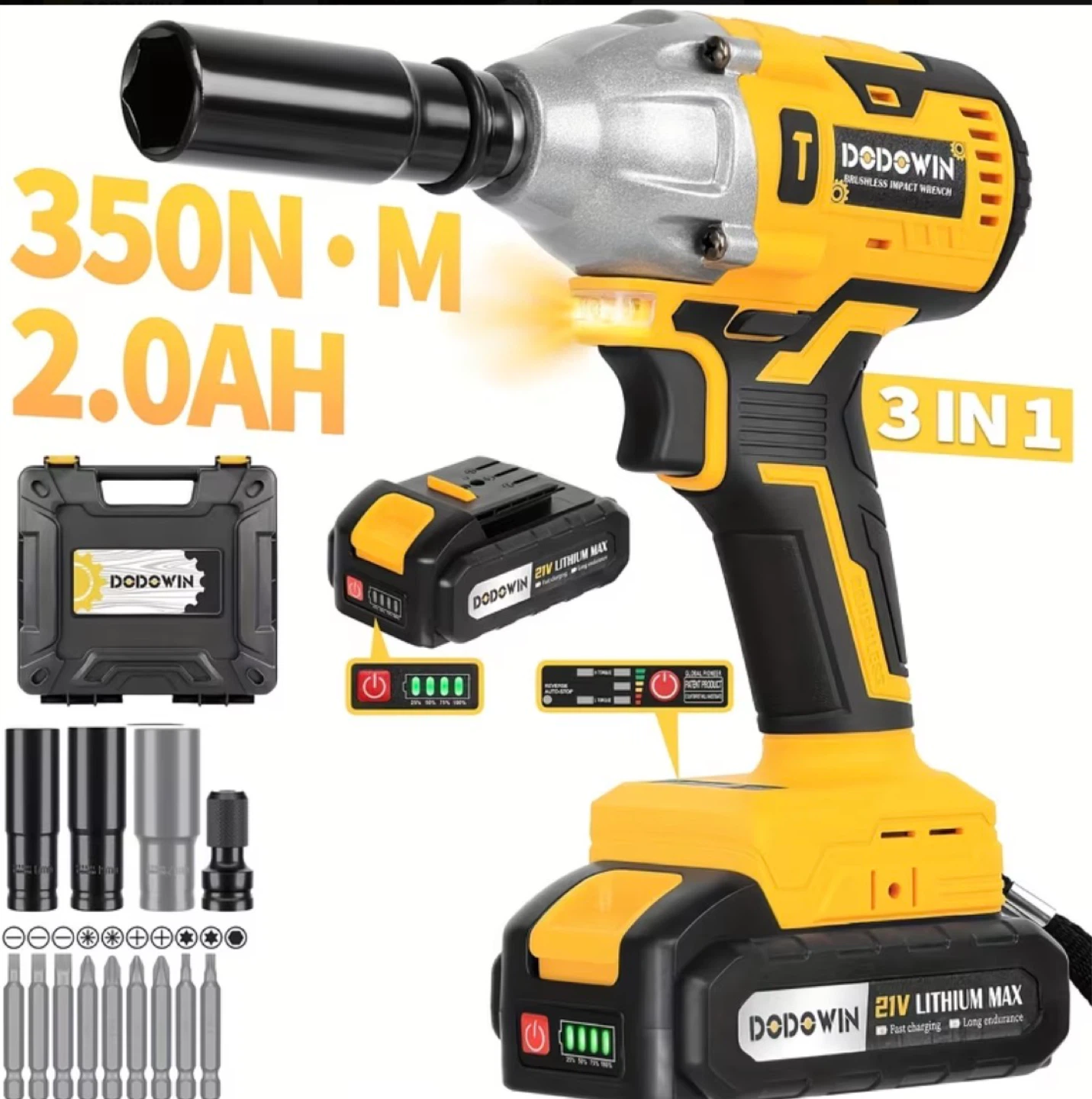 DODOWIN Brushless Impact Wrench 21V Lithium Max 350N.M