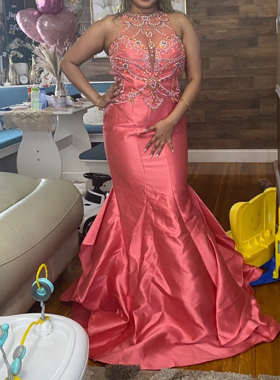 Coral Beaded Mermaid Prom Dress