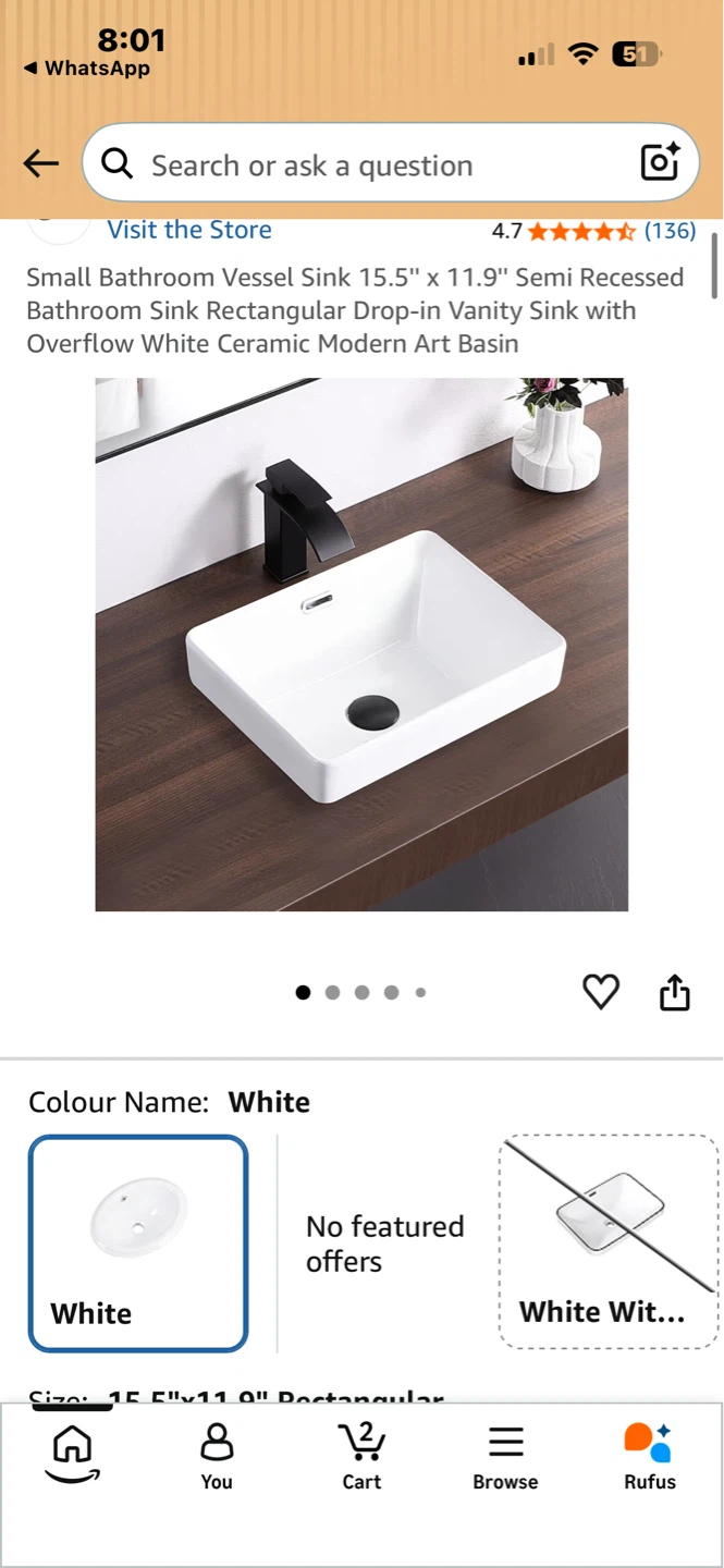 White Ceramic Rectangular Vessel Sink 15.5" x 11.9"