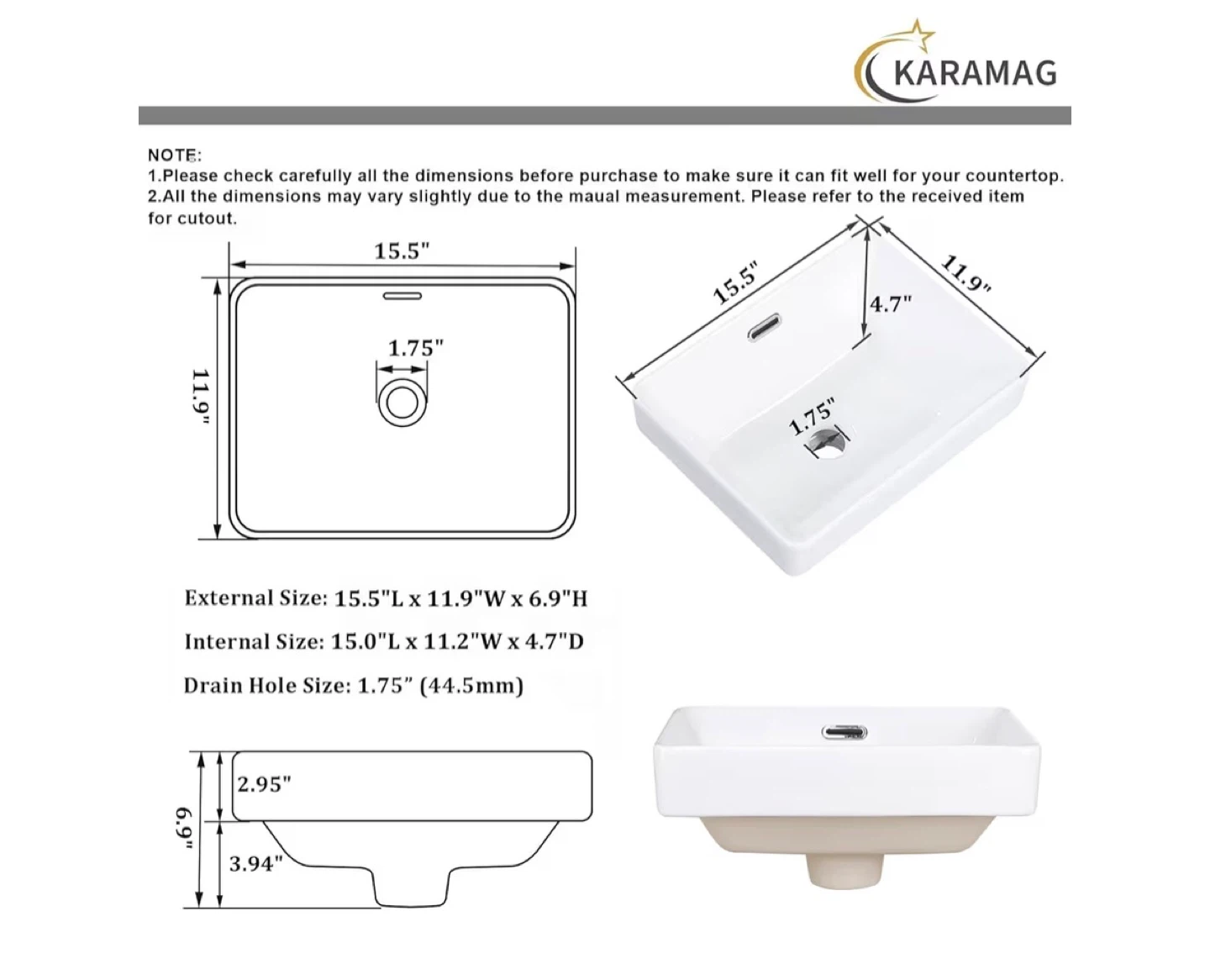 White Ceramic Rectangular Vessel Sink 15.5" x 11.9" - photo 3