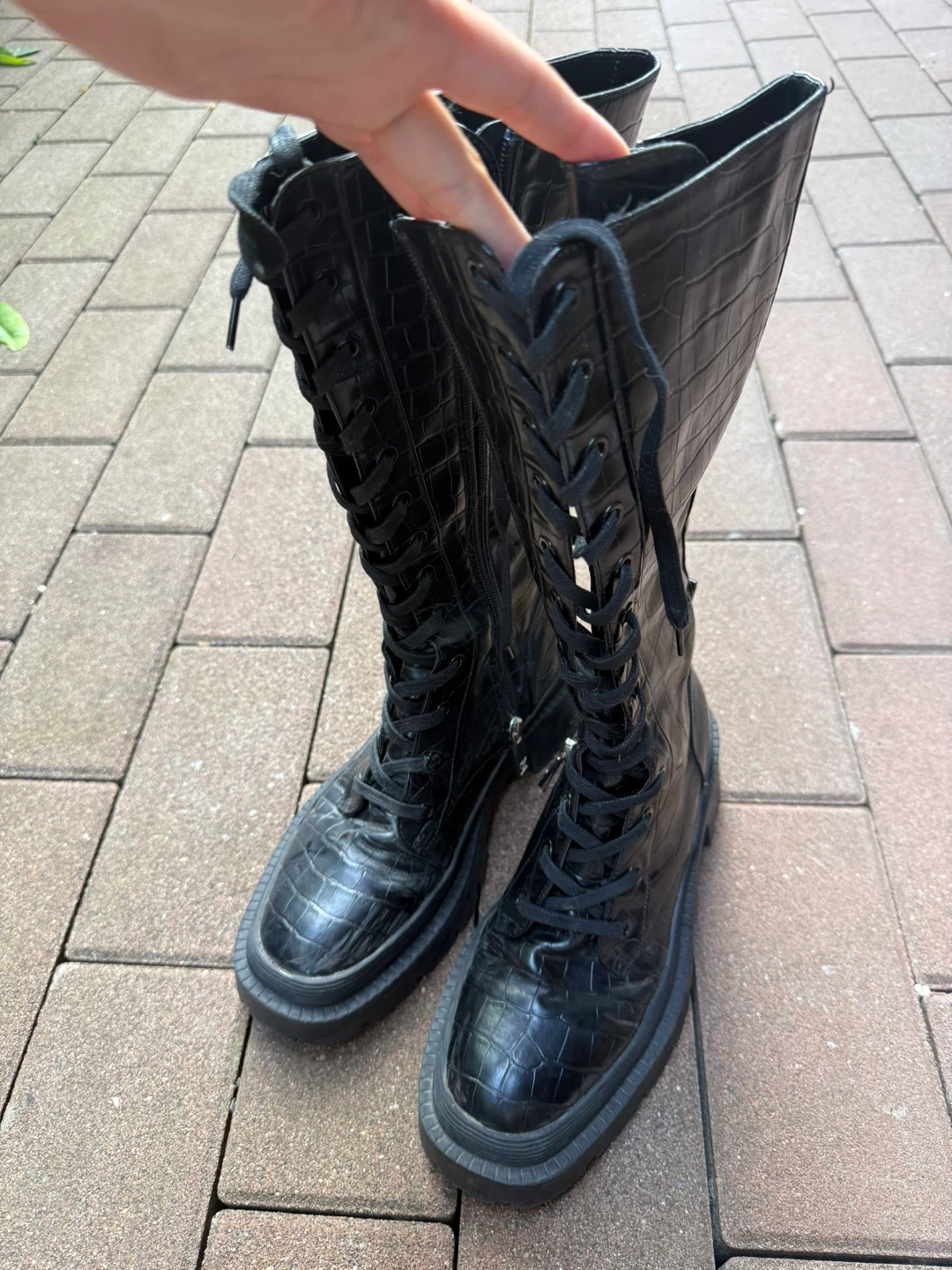 Zara Black Crocodile-Embossed Lace-Up Boots Size 38