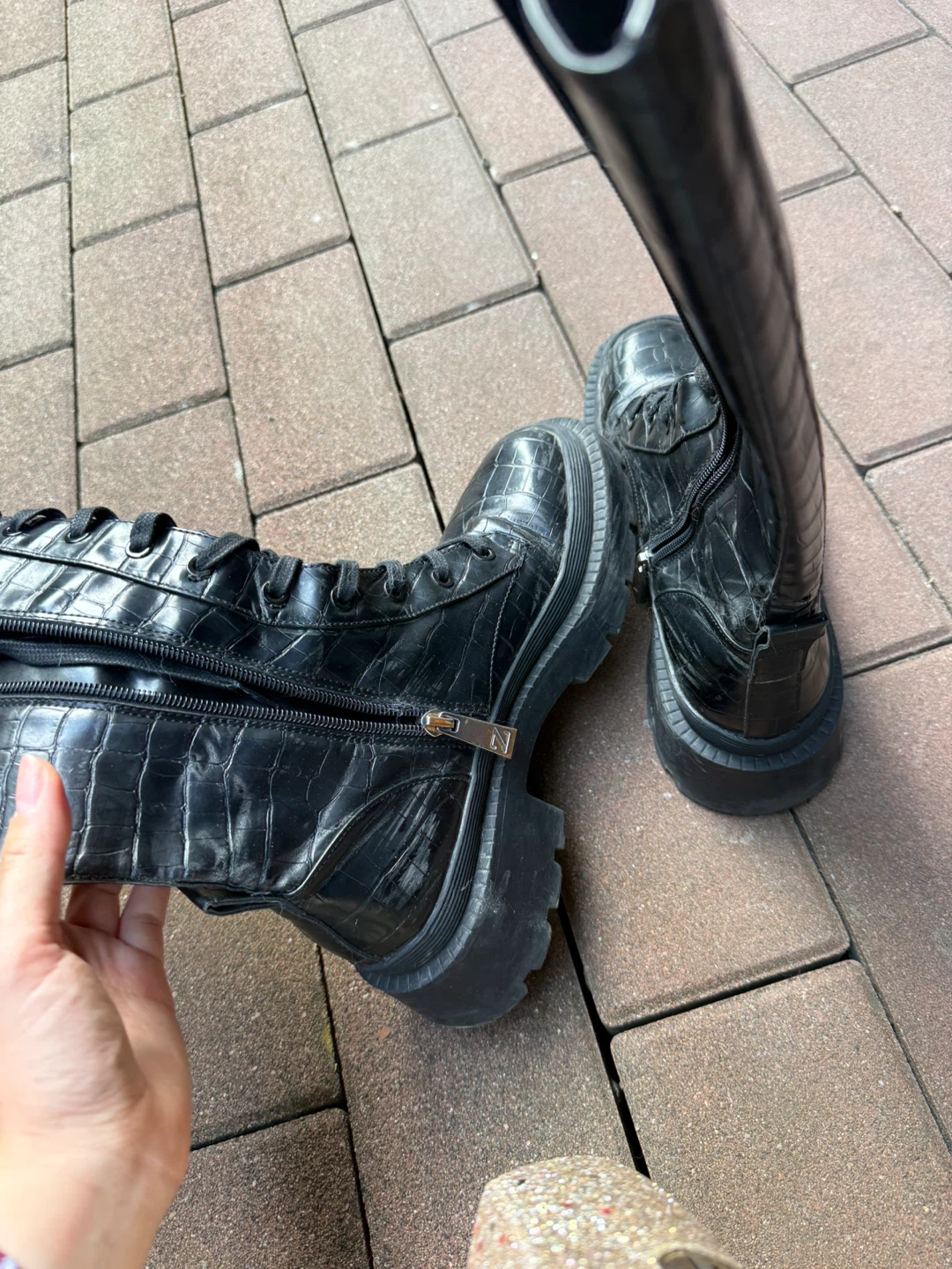 Zara Black Crocodile-Embossed Lace-Up Boots Size 38 - photo 2