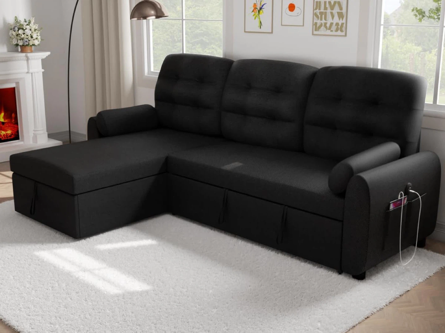 Black Sectional Sofa with Storage and USB Ports