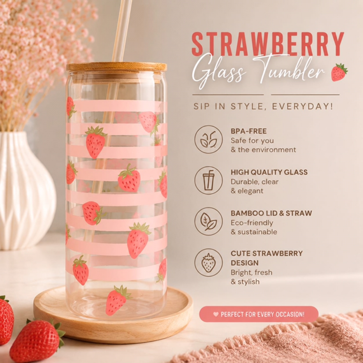 Strawberry Glass Tumbler with Bamboo Lid and Straw