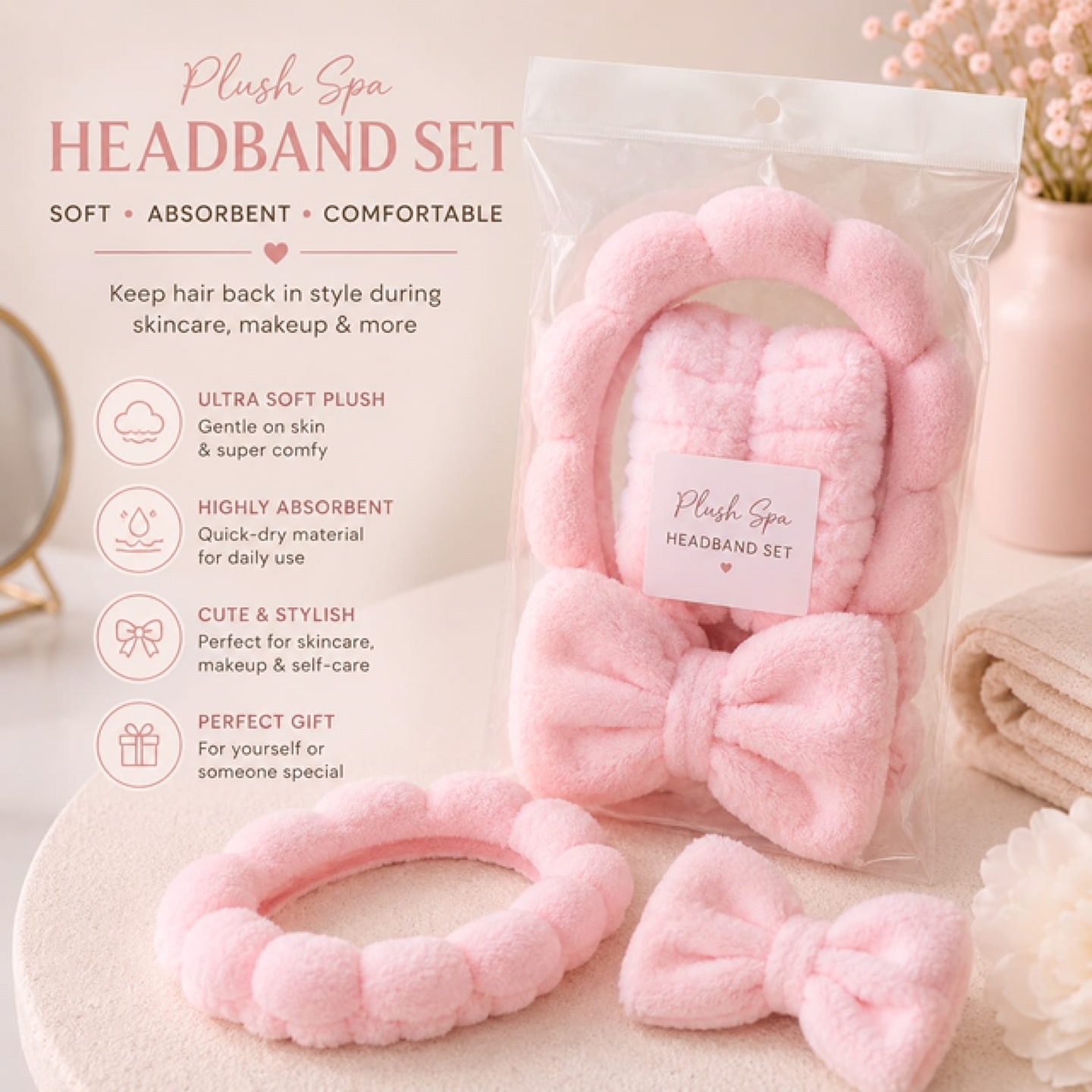 Plush Spa Headband Set - Pink