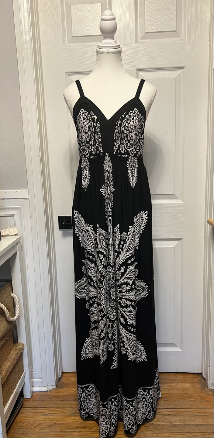 Black Maxi Dress with White Paisley Print