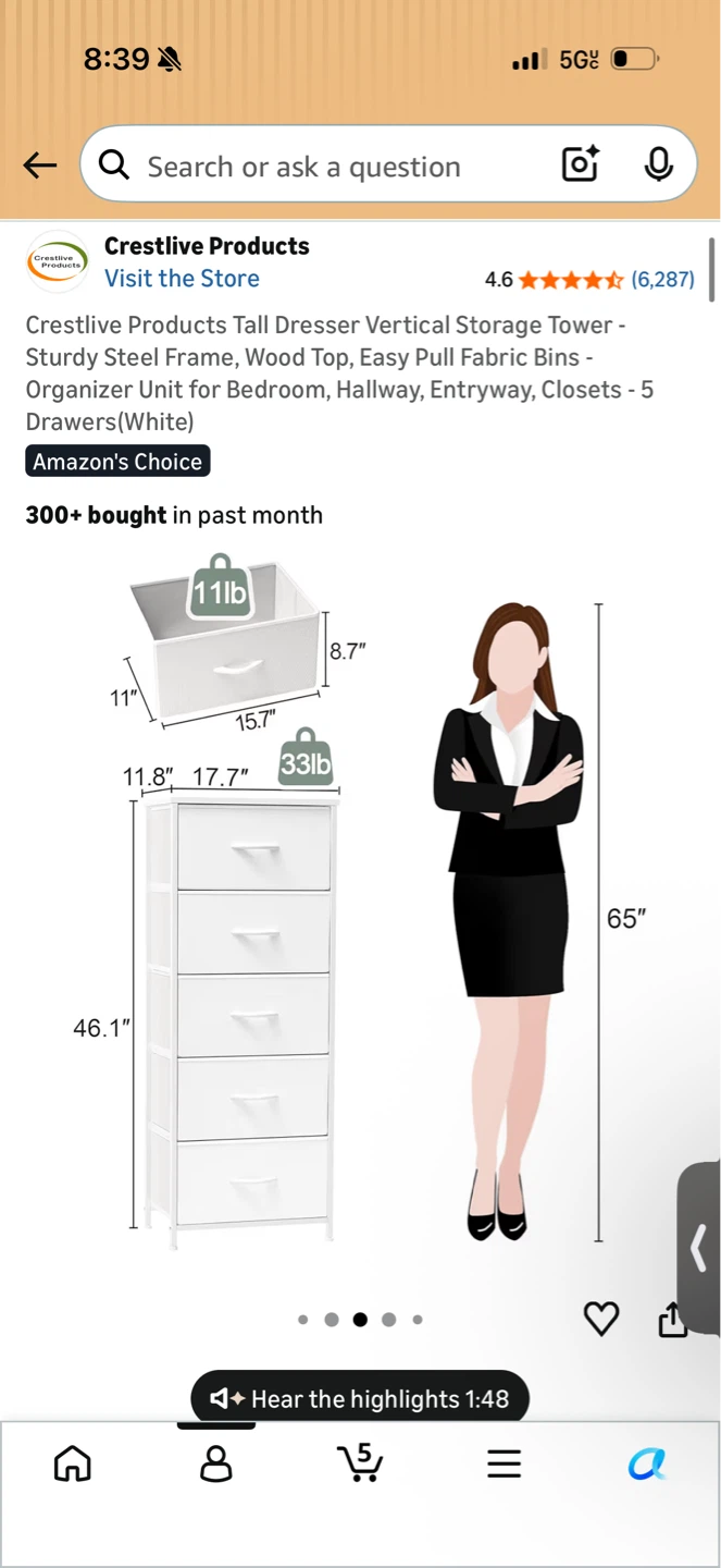 (X opened) White 5-Drawer Tall Dresser - photo 2
