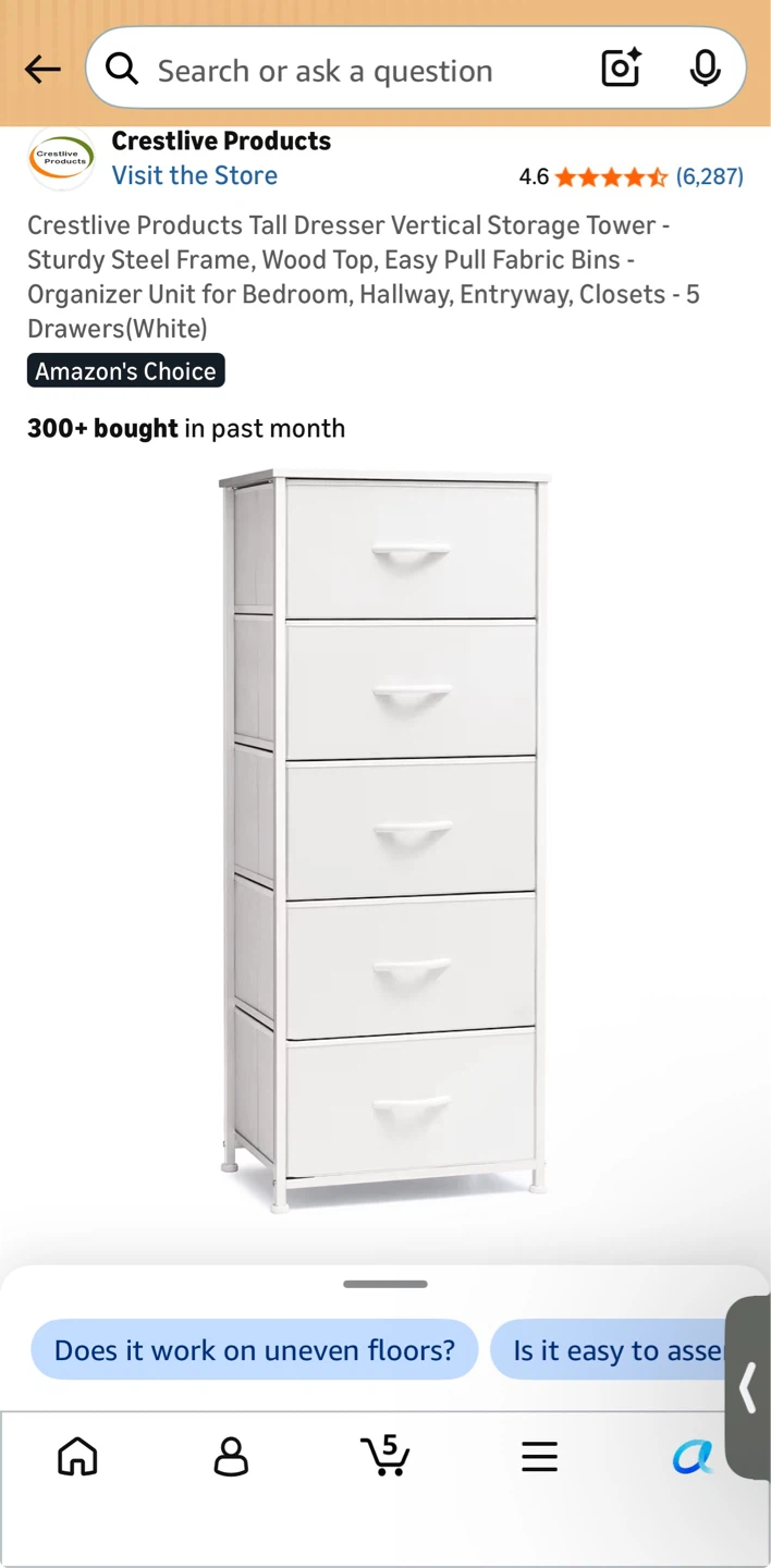 (X opened) White 5-Drawer Tall Dresser