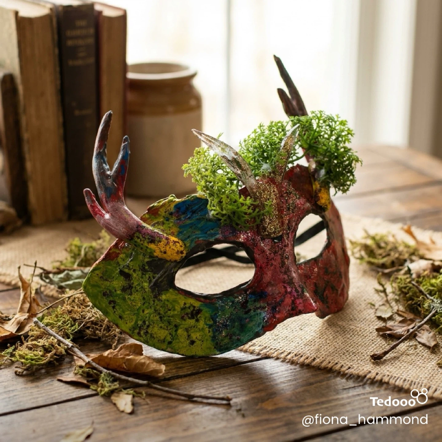 Handmade Woodland Mask with Antlers and Moss - photo 2