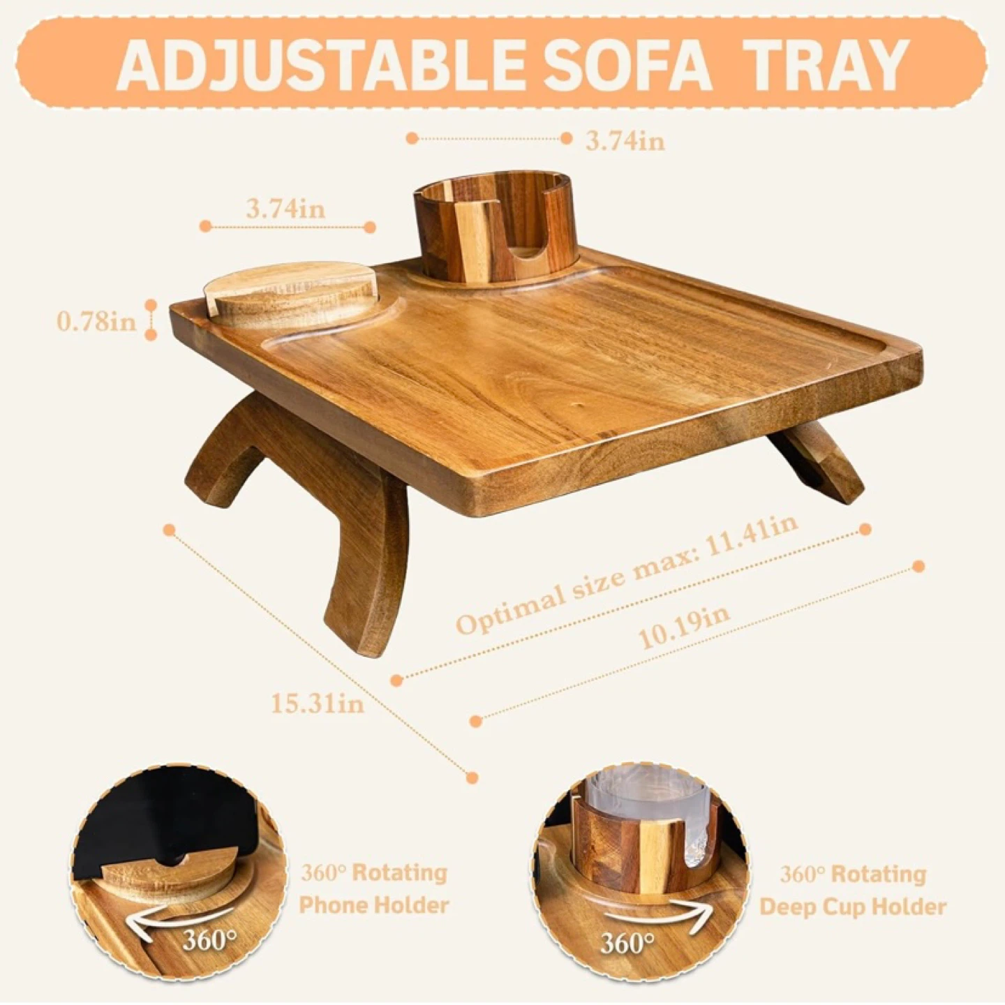 Acacia Wood Sofa Arm Tray with Cup Holder & Rotating Phone Stand - photo 2