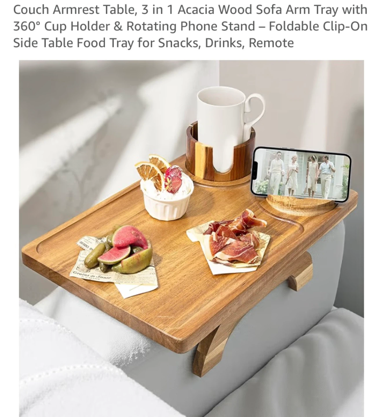 Acacia Wood Sofa Arm Tray with Cup Holder & Rotating Phone Stand