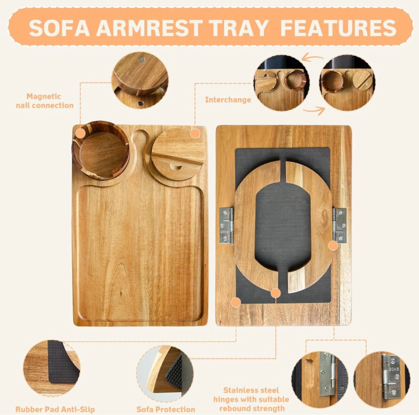 Acacia Wood Sofa Arm Tray with Cup Holder & Rotating Phone Stand - photo 4