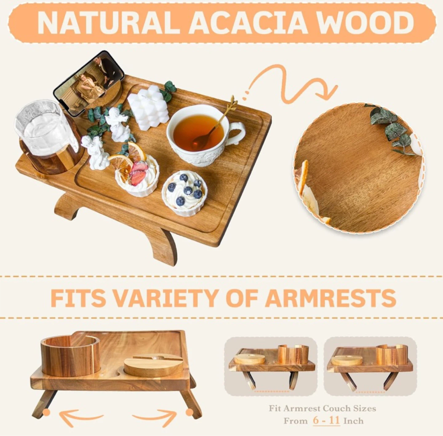 Acacia Wood Sofa Arm Tray with Cup Holder & Rotating Phone Stand - photo 3