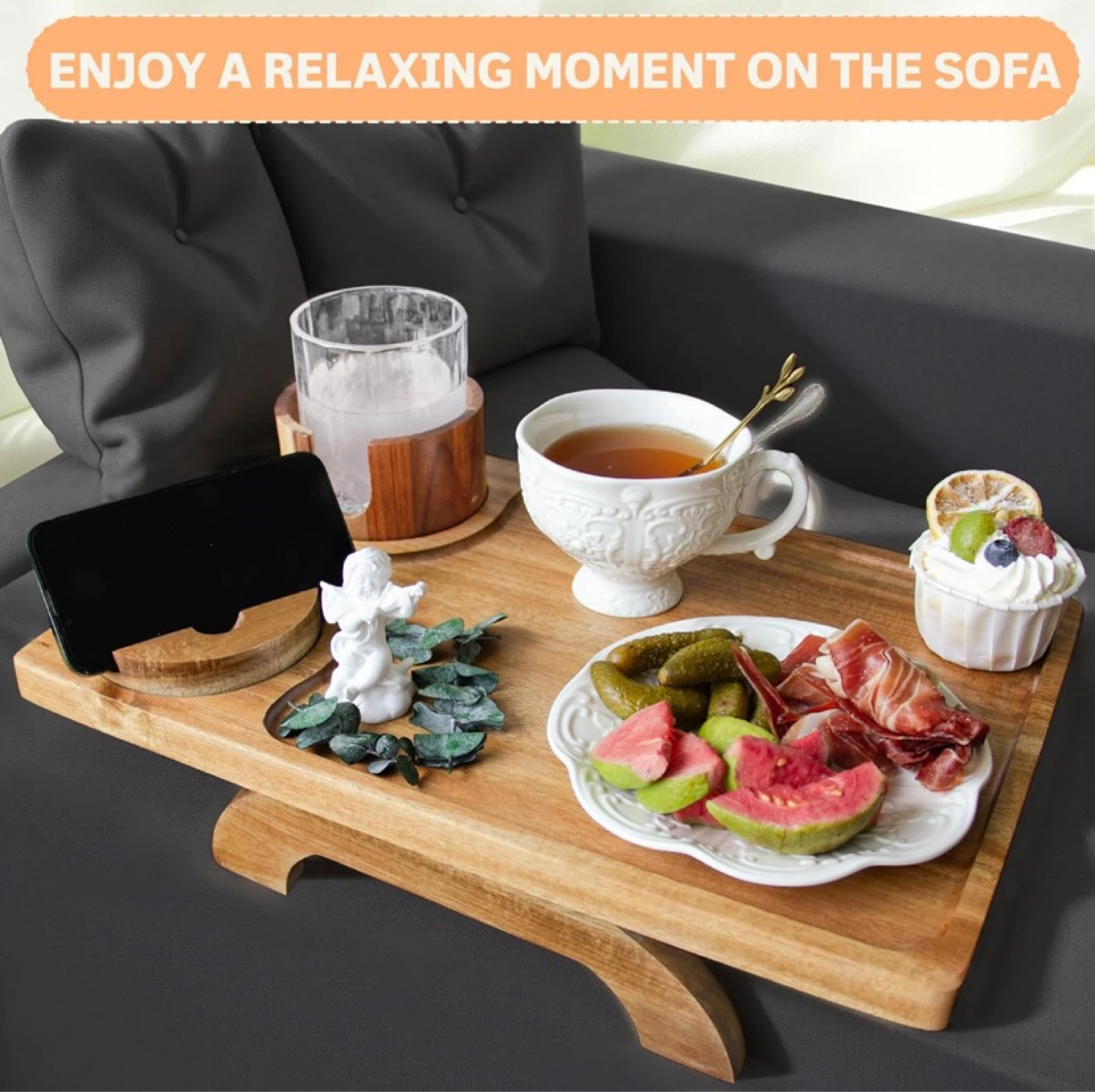 Acacia Wood Sofa Arm Tray with Cup Holder & Rotating Phone Stand - photo 5