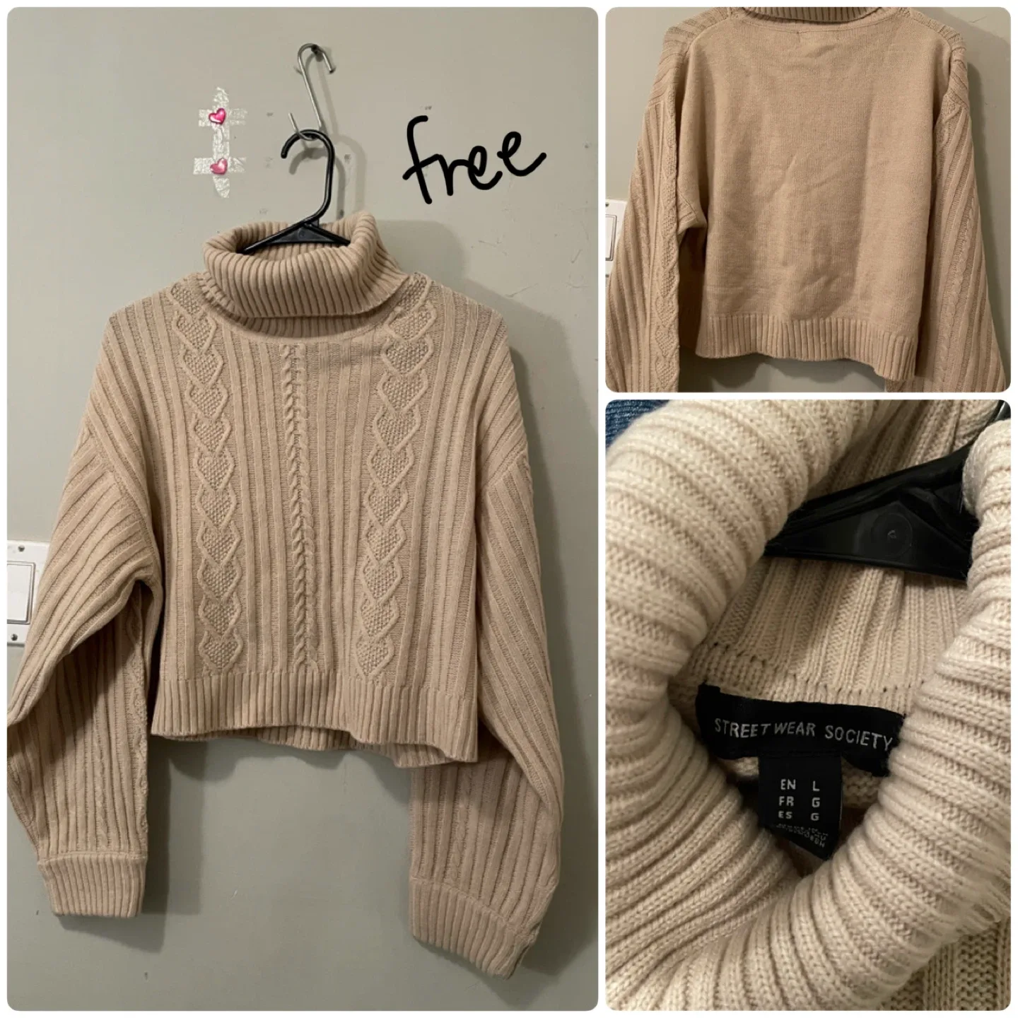 Street Wear Society Beige Cable Knit Turtleneck Sweater
