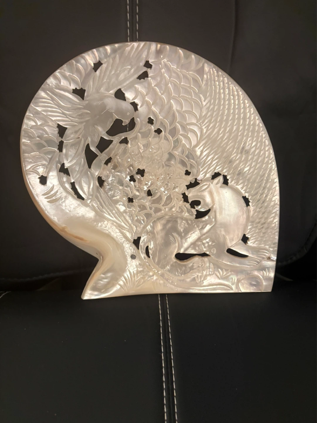 Vintage Carved Mother of Pearl Shell with Animals & Birds Scene