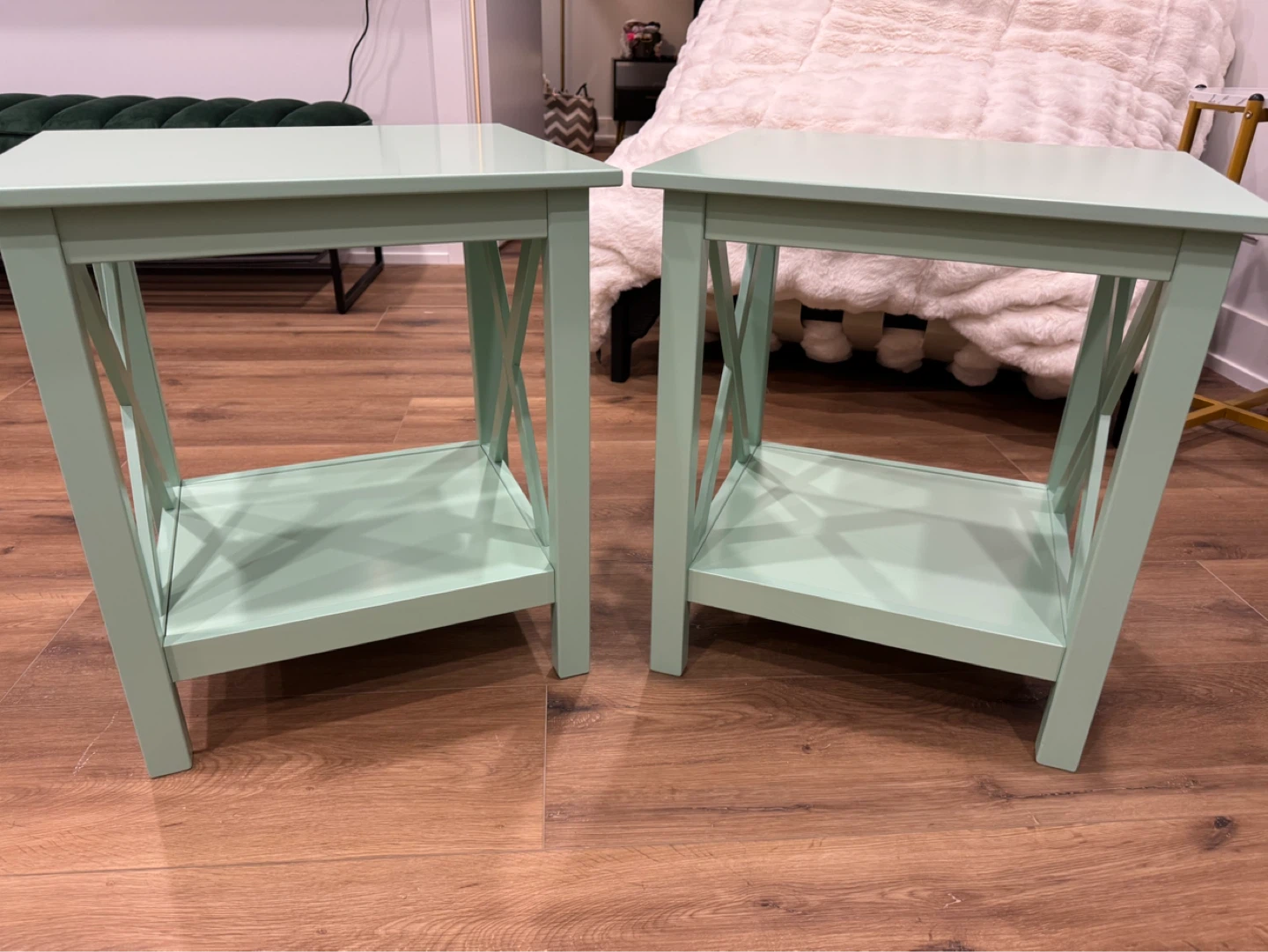 Set of 2 Mint Green Solid Wood End Tables with shelf