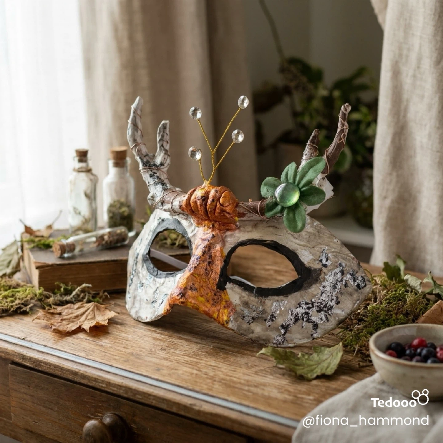 Handmade Forest Creature Mask with Antlers and Gems