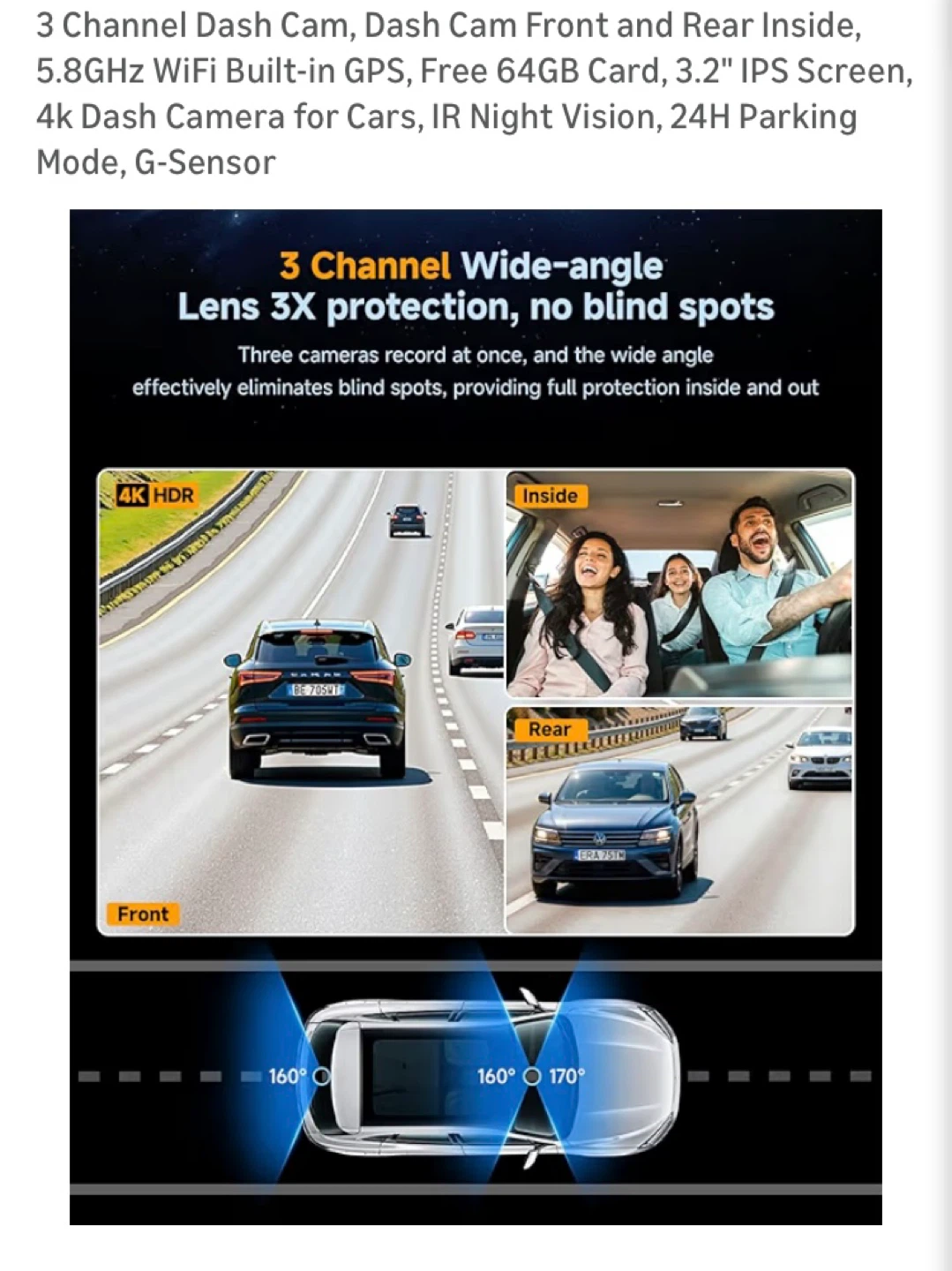 3 Channel Dash Cam with GPS, WiFi, 64GB Card, 3.2" IPS Screen - photo 2