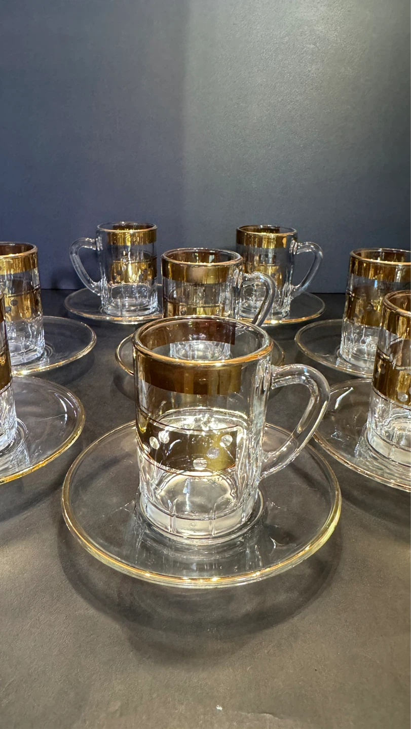Set of 8 Vintage Glass Espresso Cups and Saucers with Gold Trim - photo 3