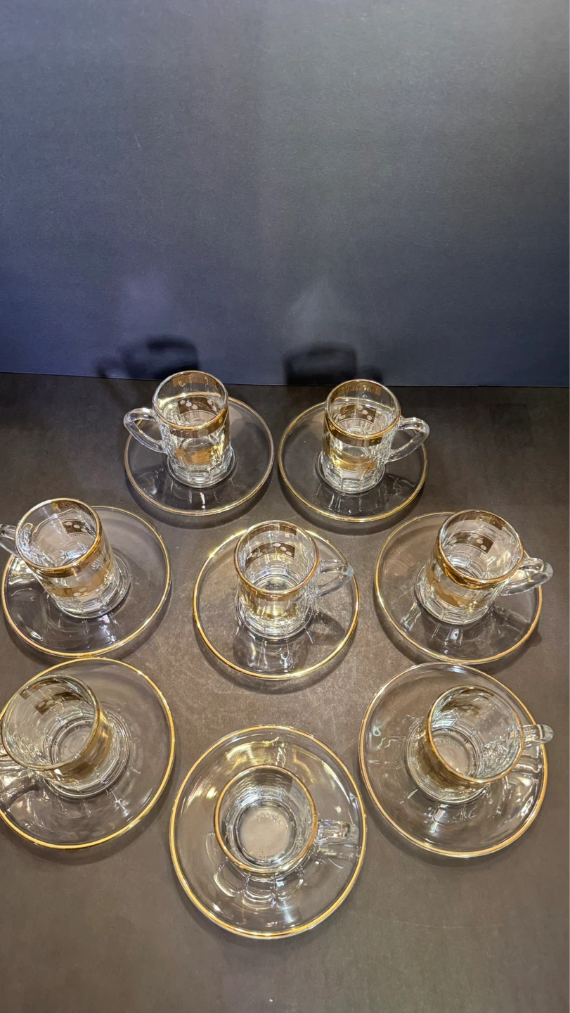Set of 8 Vintage Glass Espresso Cups and Saucers with Gold Trim - photo 4