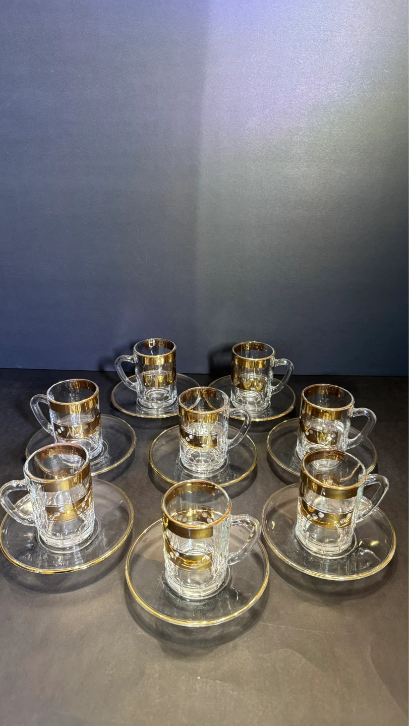 Set of 8 Vintage Glass Espresso Cups and Saucers with Gold Trim