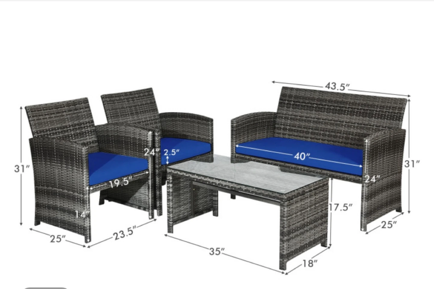 4-Piece Rattan Patio Furniture Set with Blue Cushions