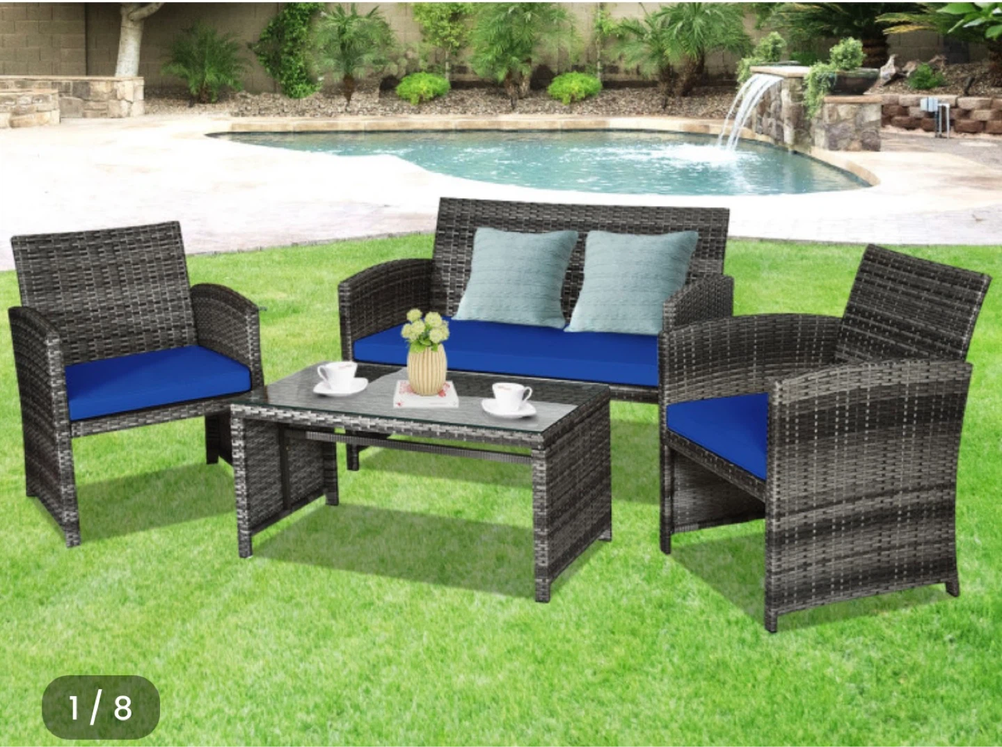 4-Piece Rattan Patio Furniture Set with Blue Cushions - photo 4