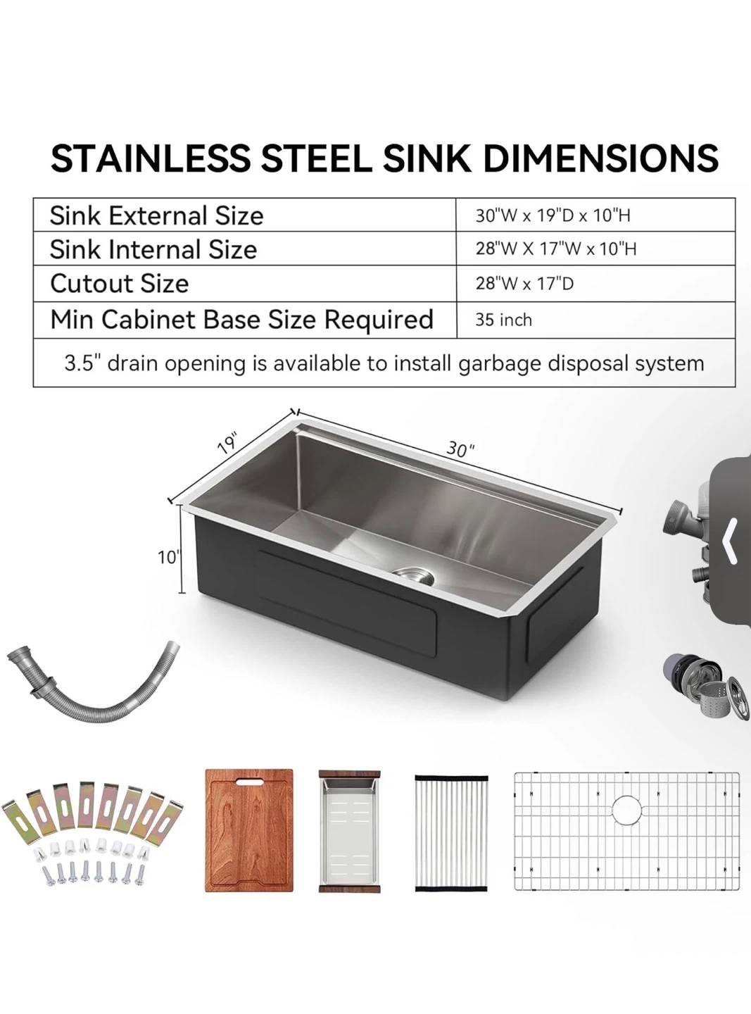 Stainless Steel Kitchen Sink 30" x 19" x 10" - photo 3
