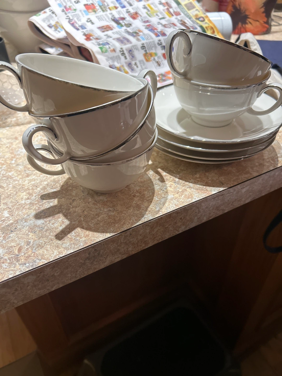 White Tea Cups and Saucers with Silver Rim