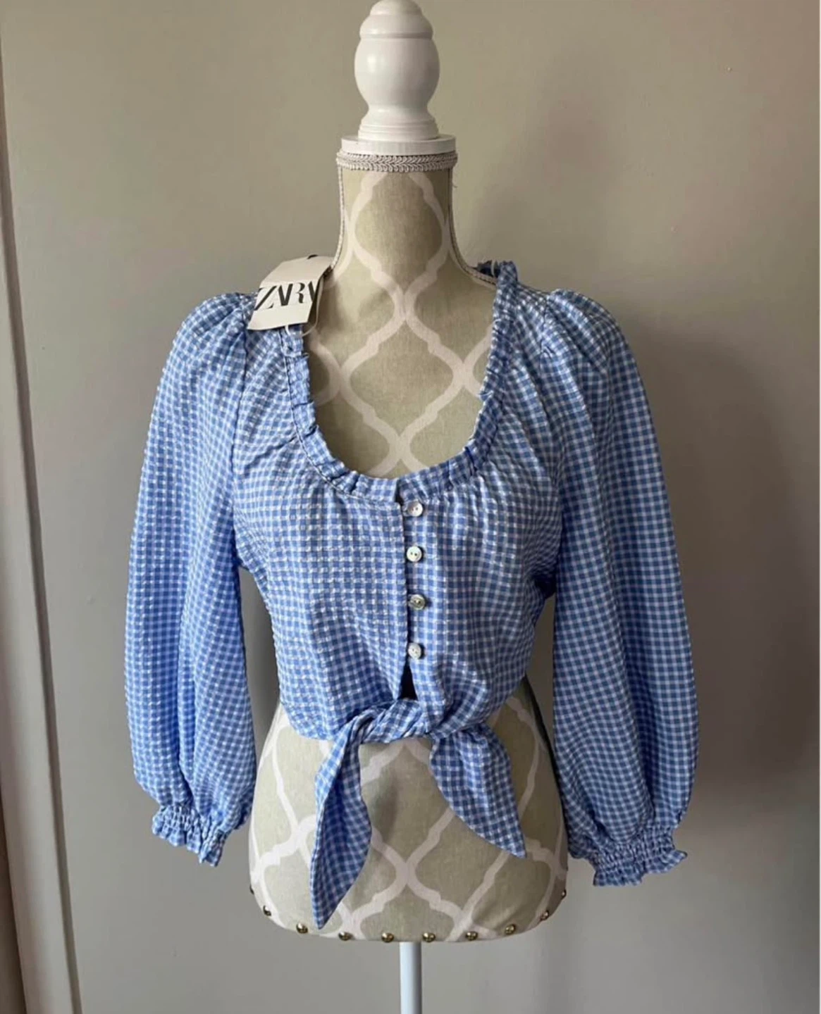 Zara Blue Gingham Tie-Front Blouse