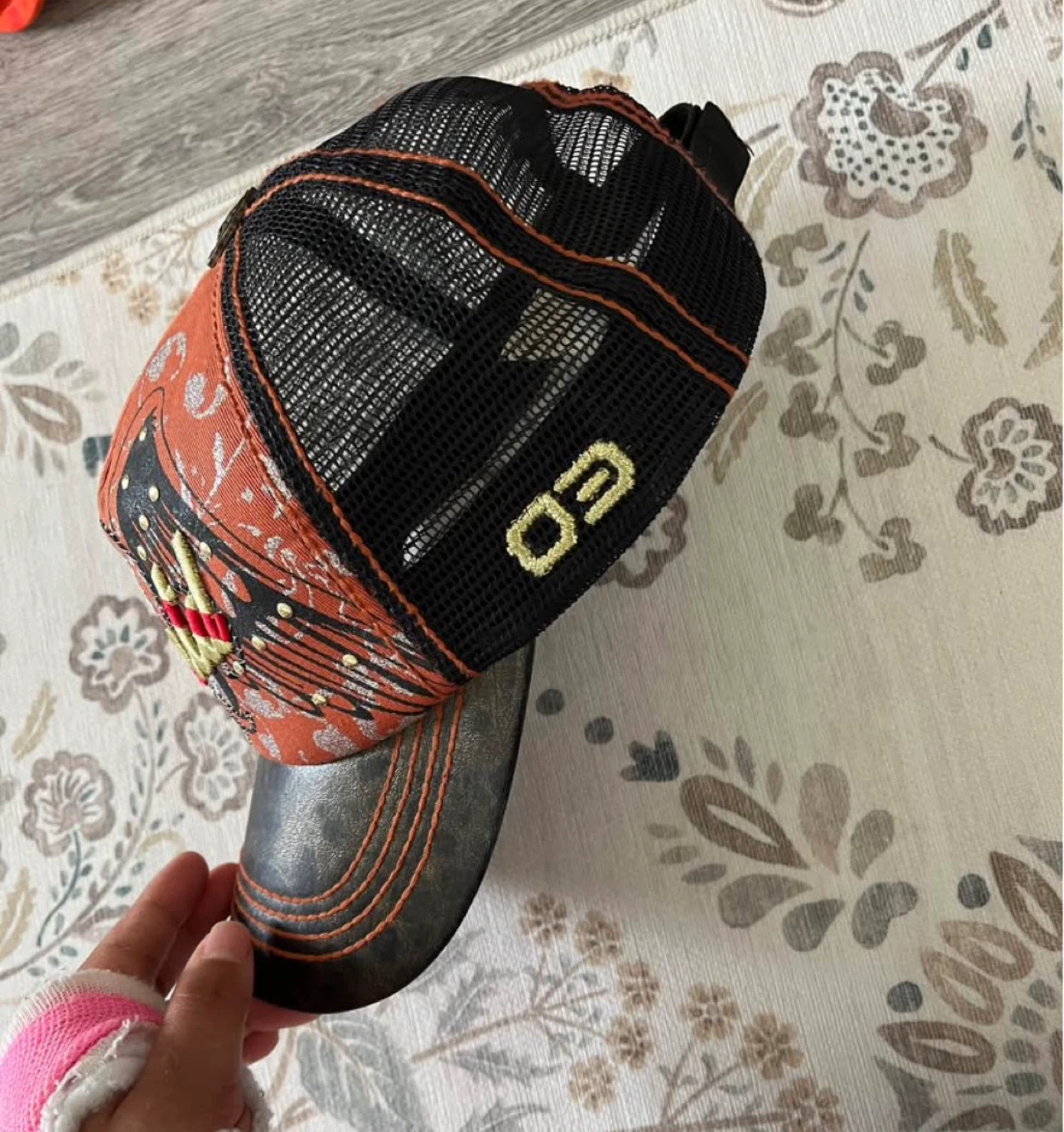 Unisex Ed Hardy Orange & Black Embroidered Trucker Hat - photo 2