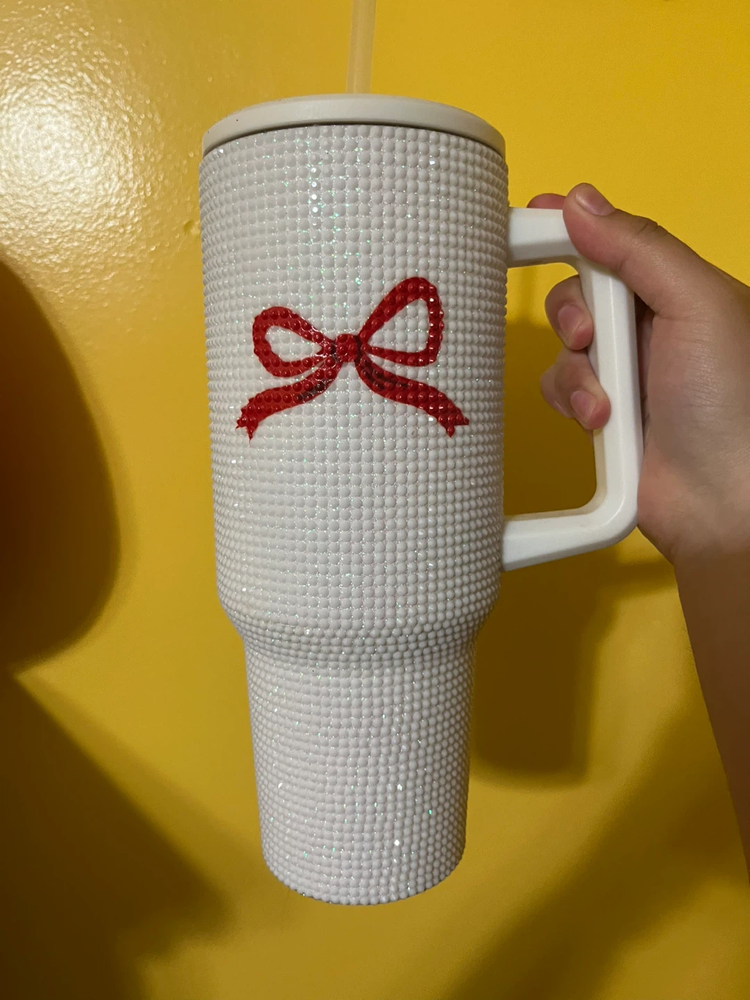 White Rhinestone Tumbler with Red Bow and Straw