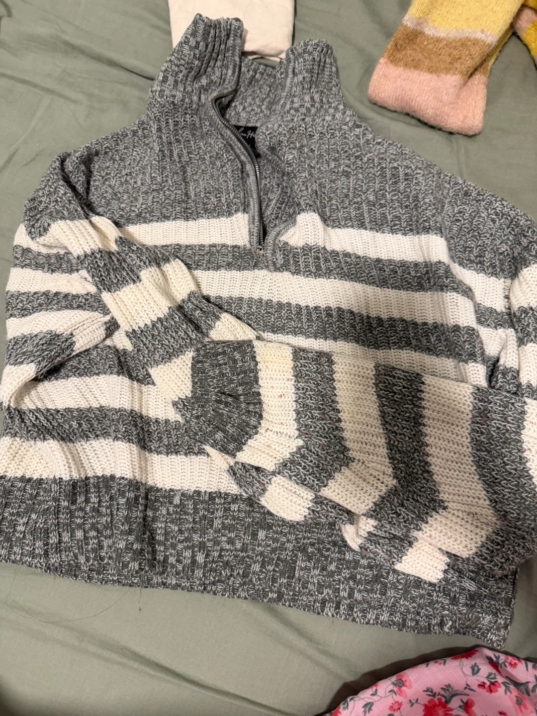 Grey and White Striped Half-Zip Sweater
