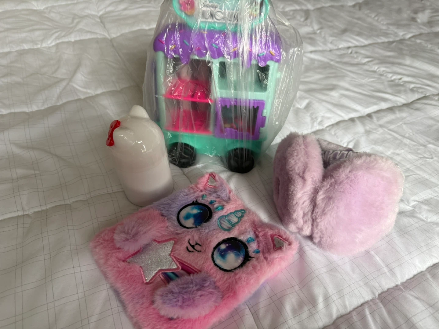 Bundle of Kids' Toys - Mini Food Cart, Plush Notebook & More
